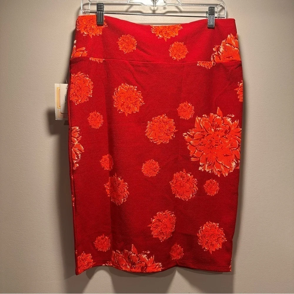 LulaRoe Cassie Pencil Skirt Stretchy High Wide Waist Band Large 14-16 Red Floral